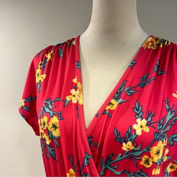 Floral bright pink fake Wrap short sleeve Dress size Small - Picture 2 of 13